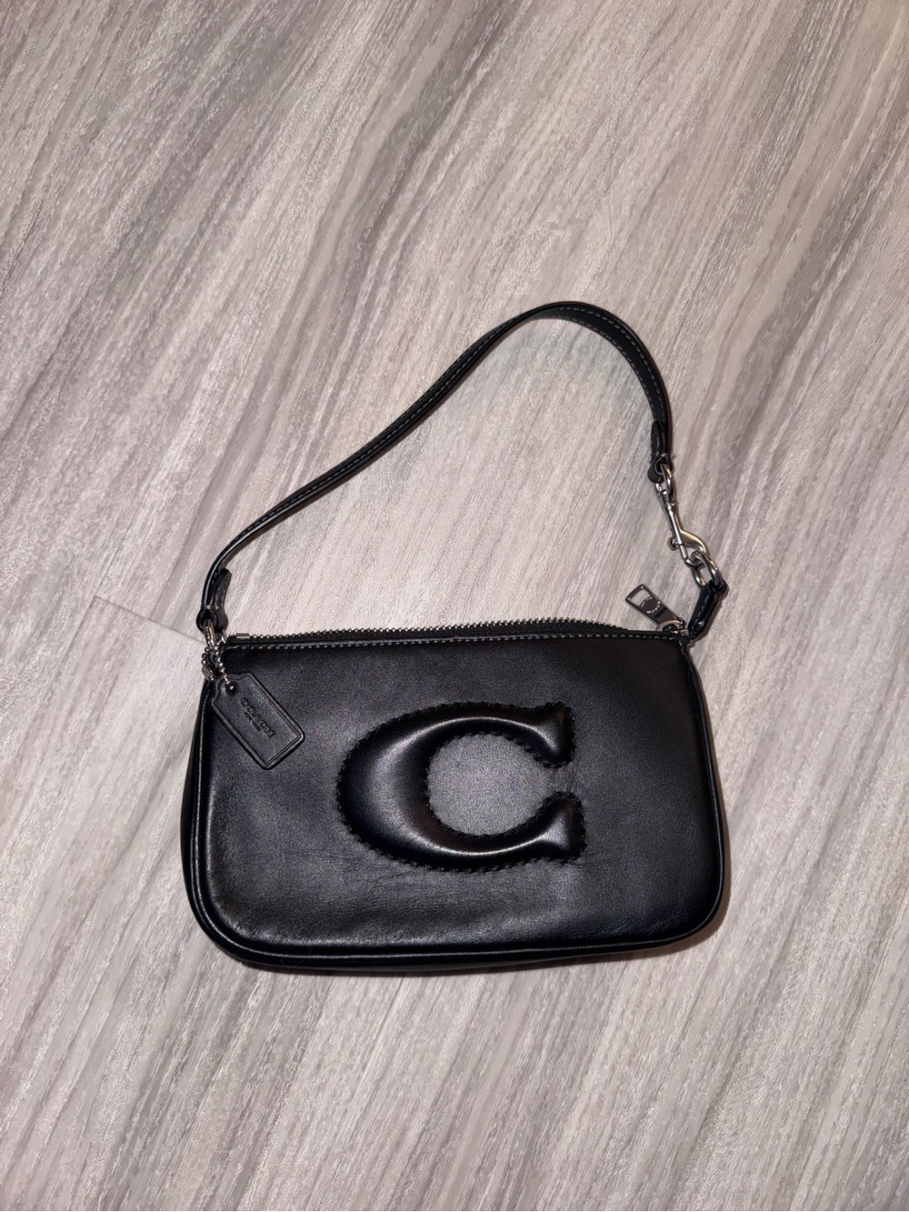 Coach Black Leather Wristlet with Raised 'C' Logo